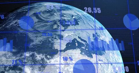 Showing Earth globe on data dashboard with blue gridlines, pie and bar charts Stock Illustration