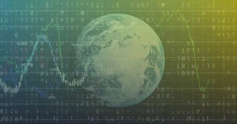 Showing Earth globe in data hub, with binary overlay and colorful line charts 写真素材