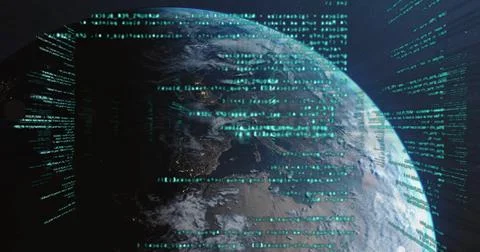 Showing Earth globe floating in outer space, with flowing green digital code Stock Photos