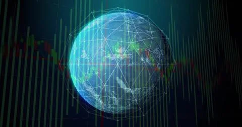 Showing Earth globe glowing with wireframe on data interface with candlestick Illustrazione stock
