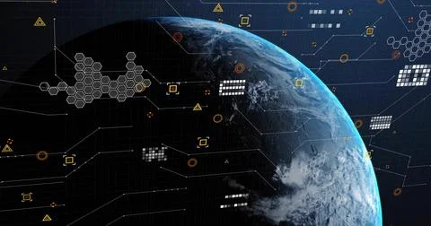 Showing Earth globe projecting digital overlay in space with hex mesh, nodes and Illustrazione stock