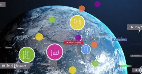 Showing Earth globe rotating in outer space, with floating UI labels and social 스톡 일러스트