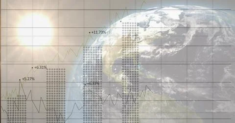 Showing Earth globe rotating in outer space, with bright sun, grid, data char Stock Illustration