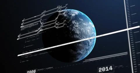 Showing Earth globe rotating in space interface, displaying code overlays with Stock Illustration