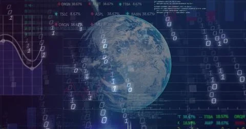 Showing Earth globe streaming binary digits, tickers, line charts, code, grid Stock Photos