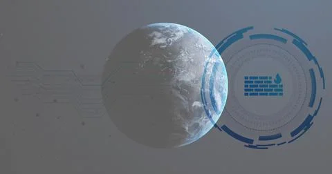 Showing Earth-like planet centered, displaying clouds in circular HUD with Stock Illustration