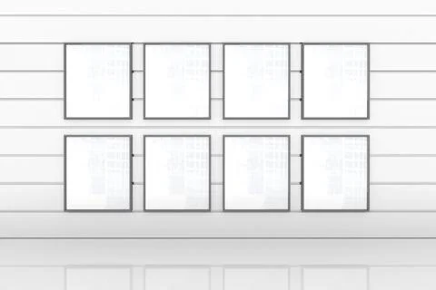 Showing eight blank square frames in minimalist gallery with grooved white wall Stock Illustration