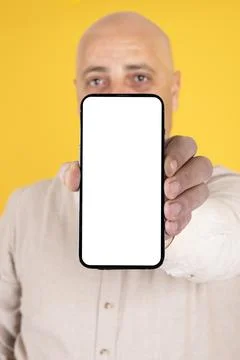 Showing empty blank screen mobile phone for recommend online app. Stock Photos