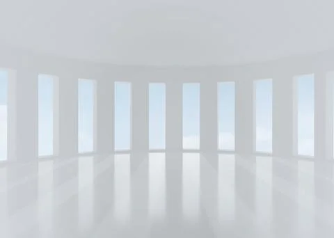 Showing empty curved hall featuring columns floor reflections and tall windows 스톡 일러스트