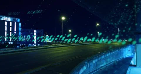 Showing empty highway overpass at night, barrier and lamps reflecting on wet Stock Illustration