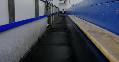 Showing empty walkway extending along bench inside ice hockey rink, with blue 스톡 사진