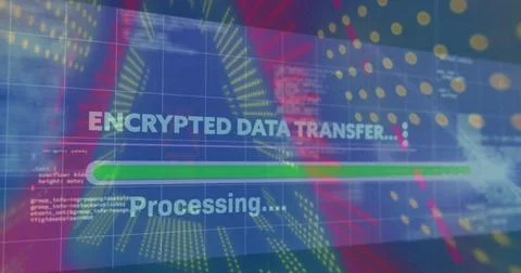 Showing encrypted data transfer message on screen, with processing text and 写真素材