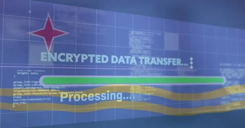 Showing encrypted data transfer on terminal, with green progress bar and yellow Stock Photos