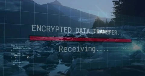 Showing encrypted transfer overlay spanning shore center at dusk, with red 写真素材