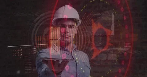 Showing engineer white hard hat blue shirt holding 3D building hologram before Stock Photos
