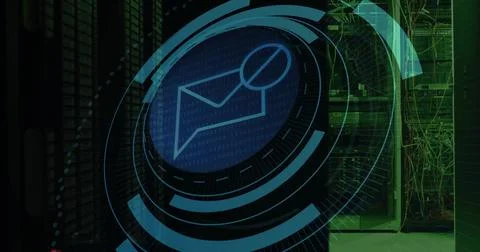 Showing envelope icon overlay floating in data center with server racks network 스톡 사진