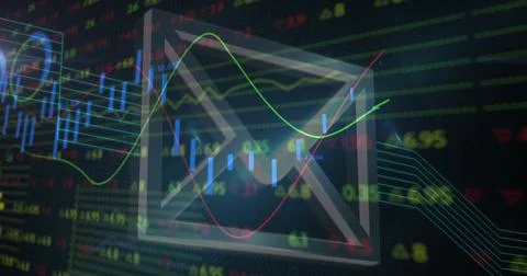 Showing envelope icon overlaying graphs, candlesticks in trading dashboard, Stock Illustration