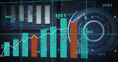 Showing finance dashboard centered on grid, cell teal orange bars, white magenta Stock Illustration