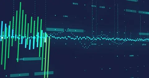 Showing finance data visual centered on dark navy analytics UI, with teal Stock Photos