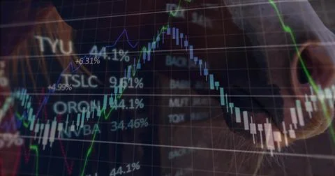 Showing financial chart on dark screen with candles, green-blue lines, blurred Illustrazione stock