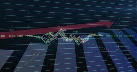 Showing financial chart on interface with line graphs numeric labels red arrow Stock Photos