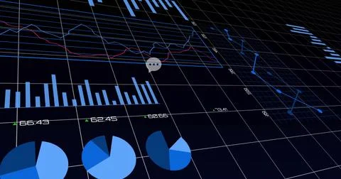 Showing financial dashboard, featuring 3D grid, line, bar and pie charts, chat Stock Illustration