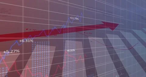 Showing financial dashboard with large red upward arrow, blue red lines, dotted Illustrazione stock