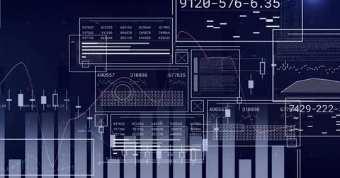 Showing financial dashboard on screen with UI panels, bar charts, candlestick Stock Illustration