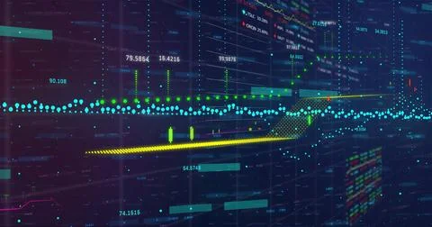 Showing financial data on trading platform with turquoise scatter, bars, labels Stockillustratie