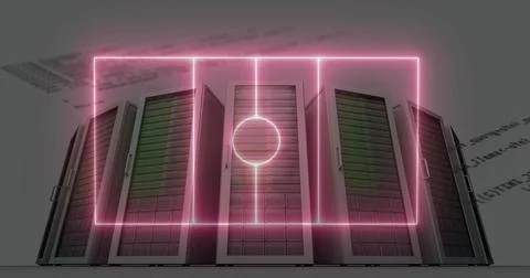 Showing five black server racks glowing with green-lit drives and neon pink Stock Photos
