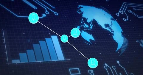 Showing five cyan user-icon nodes on grid dashboard with connecting line, bars Stock Photos