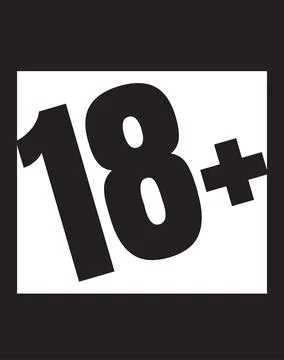 Showing flat 18+ age restriction label in rectangle with black border on Illustrazione stock