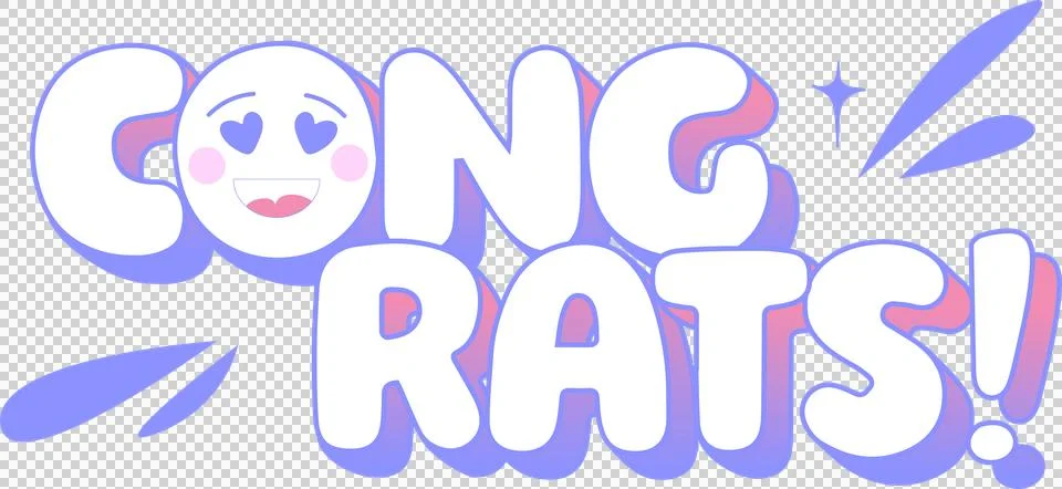 Showing flat bubble text saying CONGRATS with heart eyes emoji and splashes on Stock Illustration