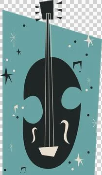 Showing flat cello on teal shape, cream f-holes, bridge, starbursts, dots, notes Stock Illustration
