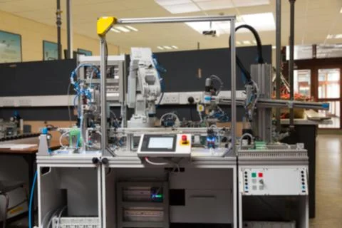 Showing flat design 6-axis robot arm in lab featuring safety frame touchscreen Stock Photos