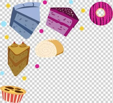 Showing flat design cake slices, donut, cupcake, sponge roll with confetti on Stock Illustration