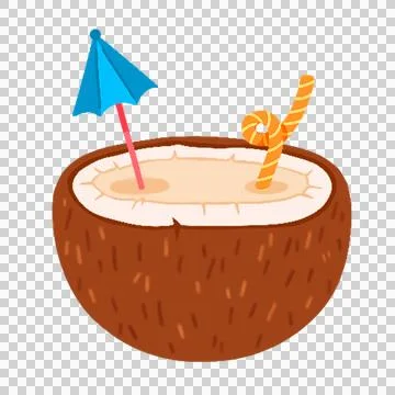Showing flat design coconut half with creamy drink, umbrella, striped straw, Stock Illustration