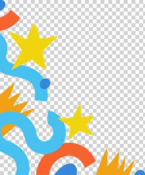 Showing flat design confetti on transparent bg with colorful ribbons, stars, Stock Illustration