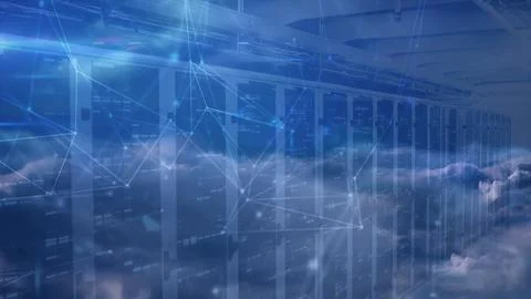 Showing flat design data center aisle with LED-lit server racks and cloud Illustrazione stock