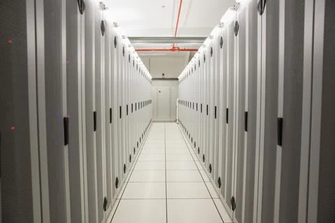 Showing flat design data center corridor with server cabinets, raised tiles, Stock Photos
