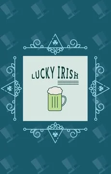 Showing flat design featuring LUCKY IRISH above green beer mug framed by Celtic Stock Illustration