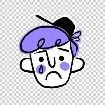 Showing flat design frowning, crying icon with purple hair, backward cap on Stock Illustration
