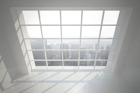 Showing flat design grid window flooding with sunlight casting shadows on floor Stock Photos