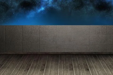 Showing flat design plank flooring with concrete tiled wall under star-filled Ilustración de archivo