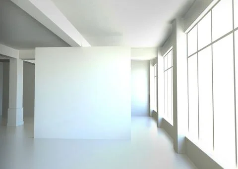 Showing flat design white interior with partition wall, columns and grid windows 写真素材