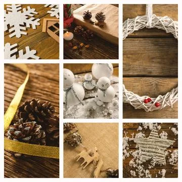 Showing flat design winter collage featuring snowflakes, gift box, pinecones, Stock Photos