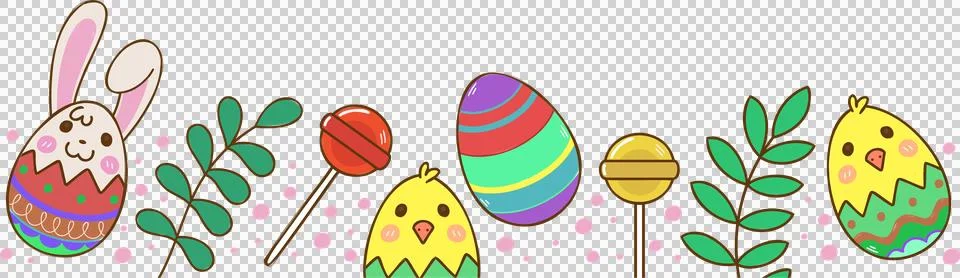 Showing flat Easter decor: bunny-ear eggs, chicks, lollipops, leaves, confetti 스톡 일러스트