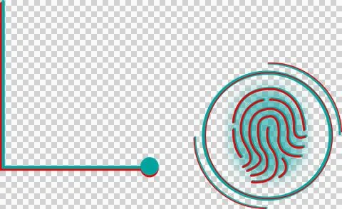 Showing flat fingerprint inside teal circle-square with red line ending dot, Illustrazione stock
