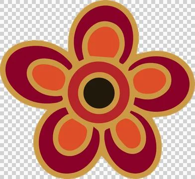Showing flat flower with six two-tone petals gold outlines brown-red disk on Stock Illustration