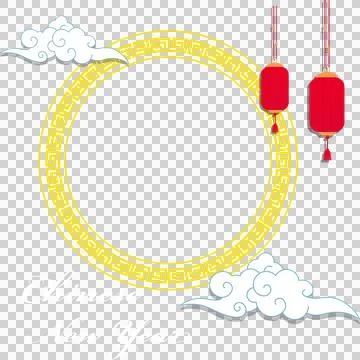 Showing flat golden circle key motif clouds lanterns, Chinese New Year text イラスト素材